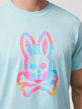 Psycho Bunny Light Blue Tee with Pink & Blue Bunny Skull Graphic